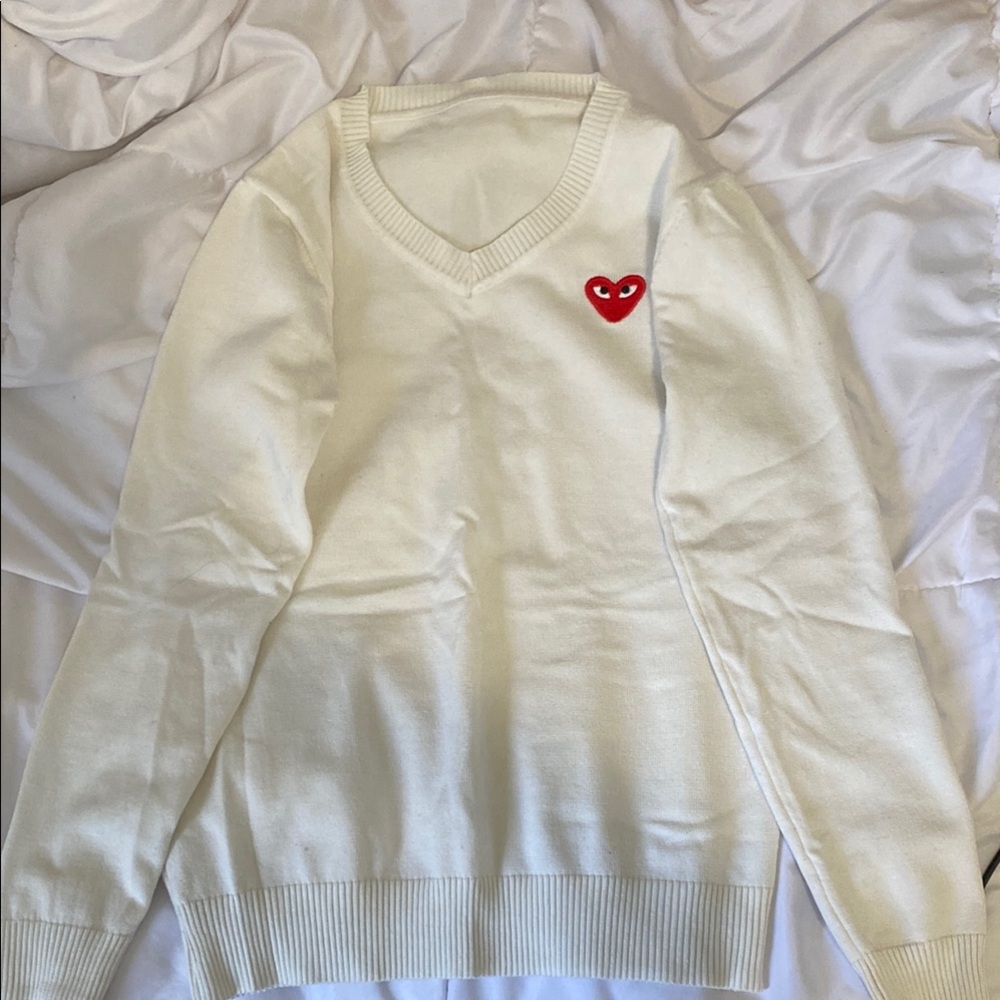 White V-Neck Sweater with Red Heart Patch